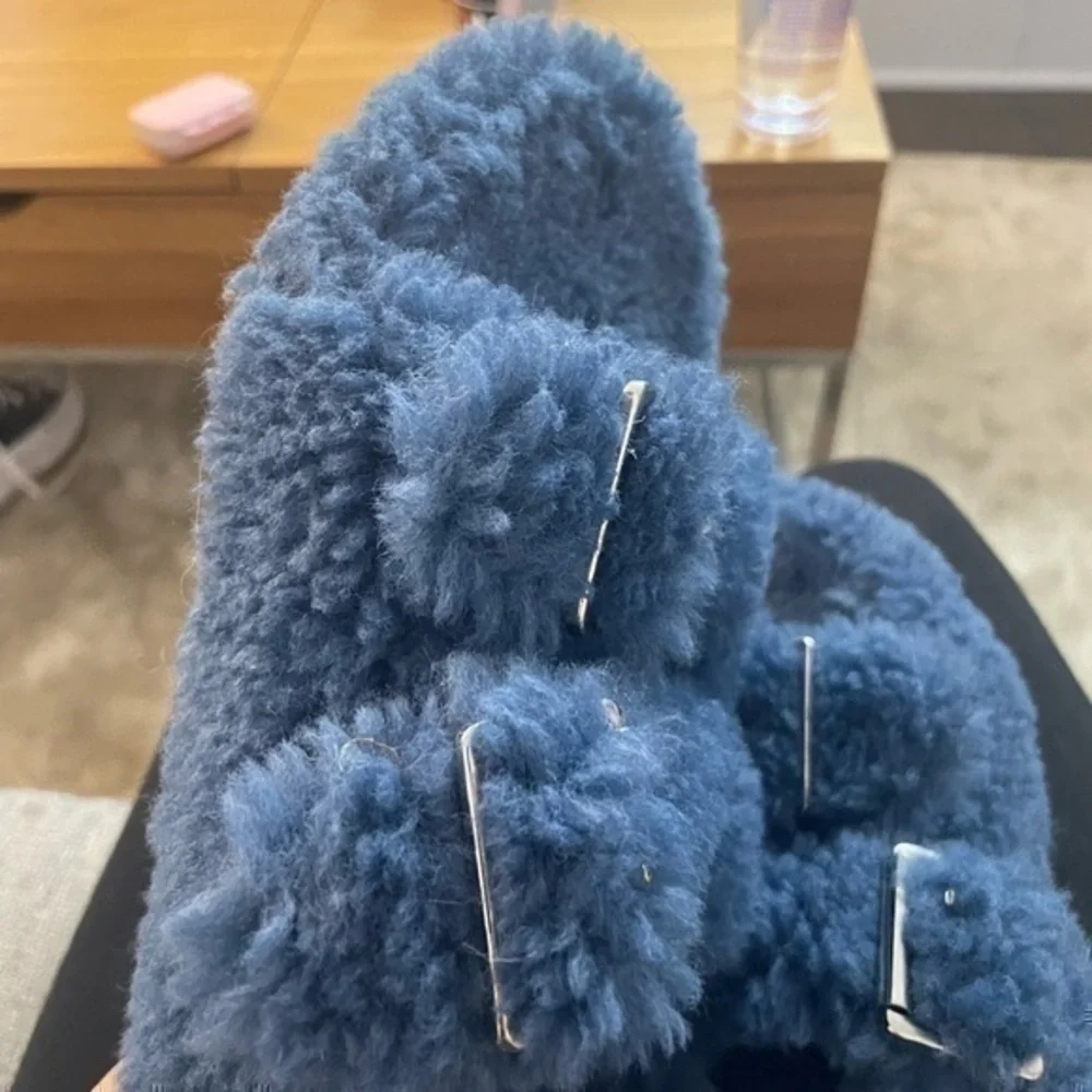 Teddy Slippers Plush Slides Blue Size 11 or Size 12
